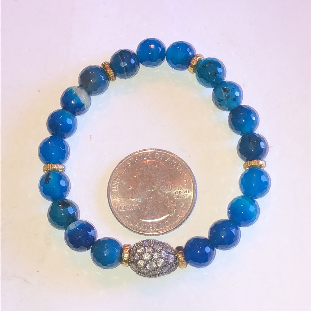 Blue Botswana Beaded CZ Rhinestones Boho Stretchy Bracelet - Picture 4 of 4